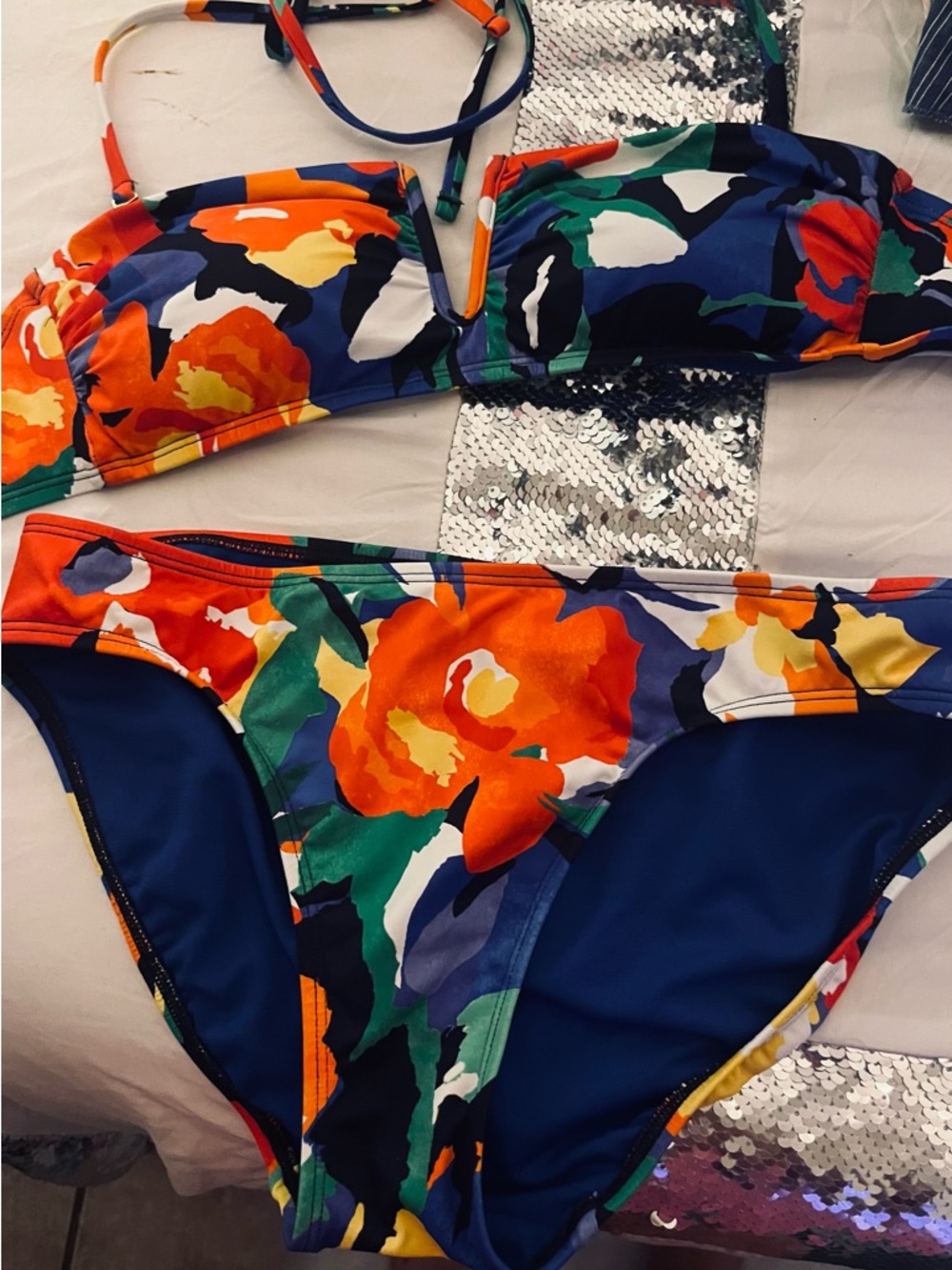 Floral Bandeau Bikini Set - Orange & Navy